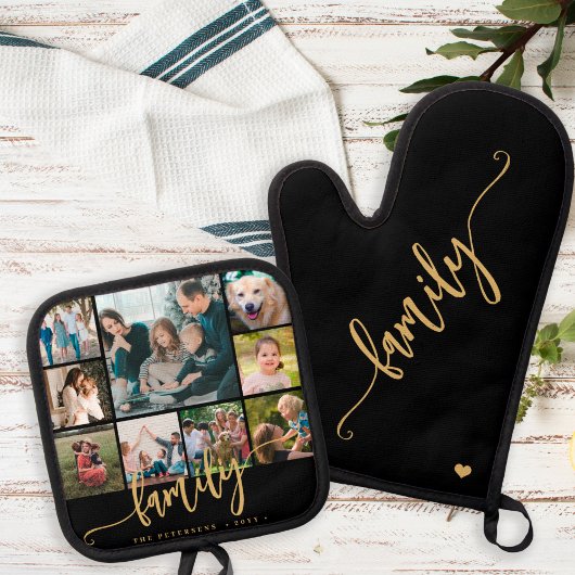 Modern 9 fotocollage familie gouden script zwart ovenwant & pannenlap set
