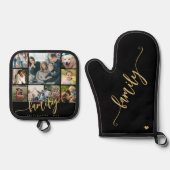 Modern 9 fotocollage familie gouden script zwart ovenwant & pannenlap set (Voorkant)