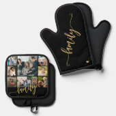 Modern 9 fotocollage familie gouden script zwart ovenwant & pannenlap set (Voorkant / Achterkant)