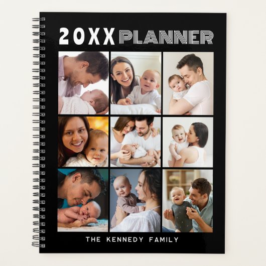 Modern 9 Photo Collage Familienaam Zwart Planner (Voorkant)