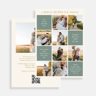 Modern 9 Photo Collage Sage Green Bridal Shower Kaart