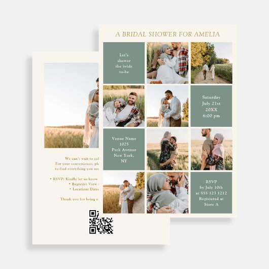 Modern 9 Photo Collage Sage Green Bridal Shower Kaart