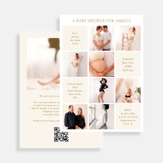 Modern 9 Photo Collage White Ivory Baby Shower Kaart