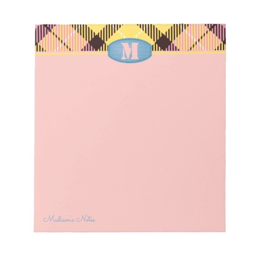 Modern aangepast script monogram Tartan Jeans Roze Notitieblok (Voorkant)