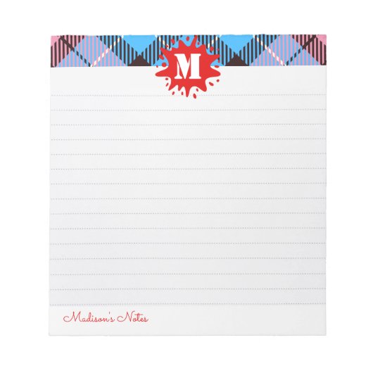 Modern aangepast Tartan Splash Monogram aangepast  Notitieblok (Voorkant)