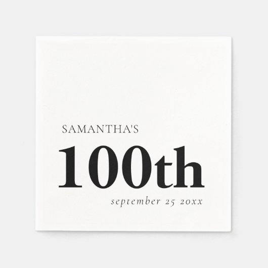 Modern aangepaste zwarte tekst 100e naamdatum servet (Voorkant)