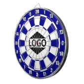 Modern aanpasbaar logo op blauw en wit dartbord (Voorkant Rechts)