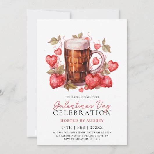 Modern Aardbeien Bier Galentine's Day Party Kaart (Voorkant)
