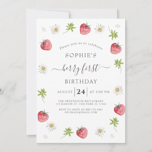 Modern aardbery Sweet Berry First Birthday Kaart (Voorkant)