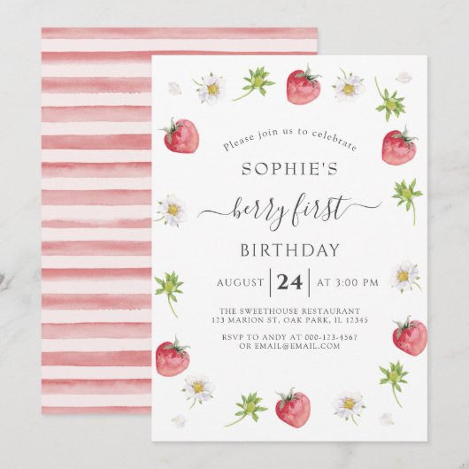 Modern aardbery Sweet Berry First Birthday Kaart (Voorkant / Achterkant)