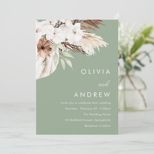 Modern aards salie boho bruiloft kaart (Staand voorkant)