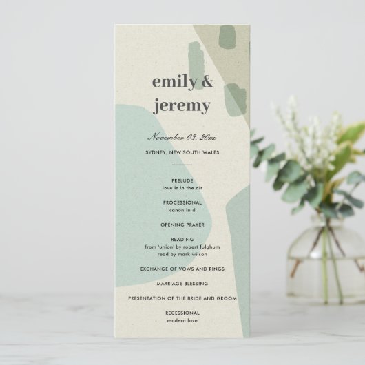 MODERN ABSTRACT AQUA ART WEDDING CEREMONY PROGRAMM MENU (Staand voorkant)