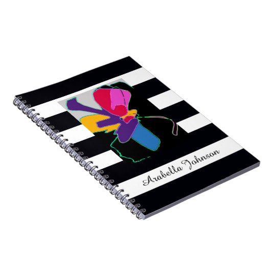 Modern Abstract Art + Custom Name Chic B&W Stripe Notitieboek (Rechterzijde)