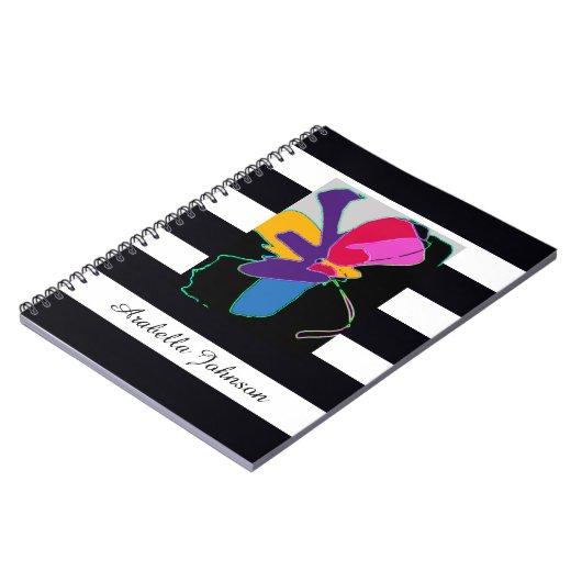 Modern Abstract Art + Custom Name Chic B&W Stripe Notitieboek (Linkerzijde)