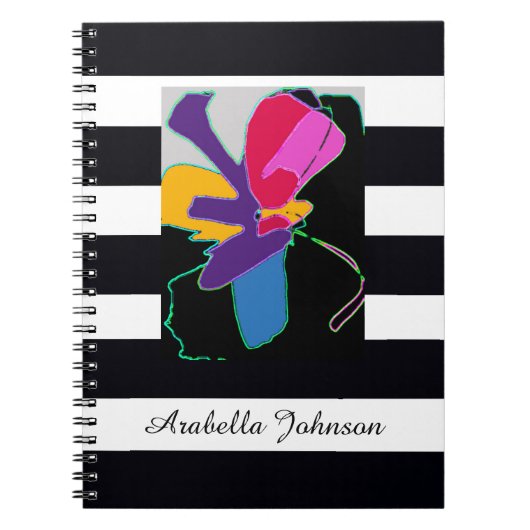 Modern Abstract Art + Custom Name Chic B&W Stripe Notitieboek (Voorkant)