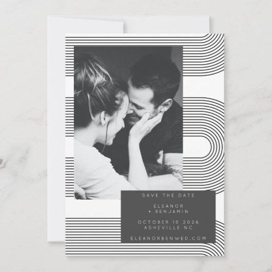 Modern Abstract Black White Lines Photo Wedding Save The Date (Voorkant)