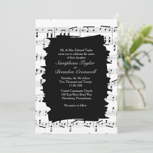 Modern Abstract Black White Music Wedding Invite Kaart (Staand voorkant)