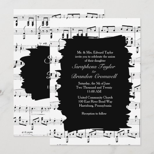 Modern Abstract Black White Music Wedding Invite Kaart (Voorkant / Achterkant)