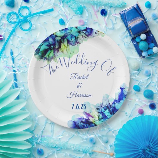 Modern Abstract Blauw Blauwgroen en Turquoise Wedd Papieren Bordje (Feest)