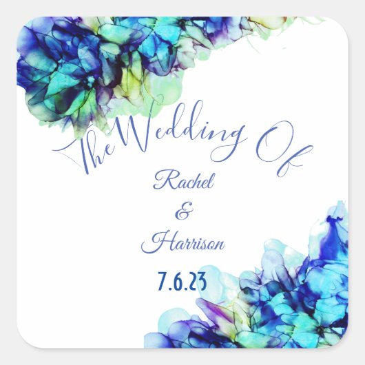 Modern Abstract Blauw Blauwgroen en Turquoise Wedd Vierkante Sticker (Voorkant)