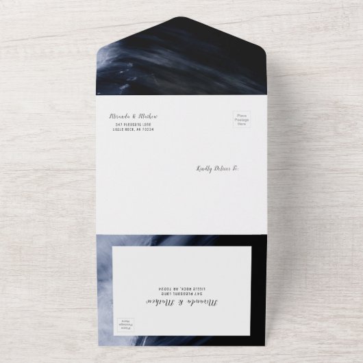 Modern Abstract blauw en zwart Geen enveloppe vere All In One Uitnodiging (Buitenkant)