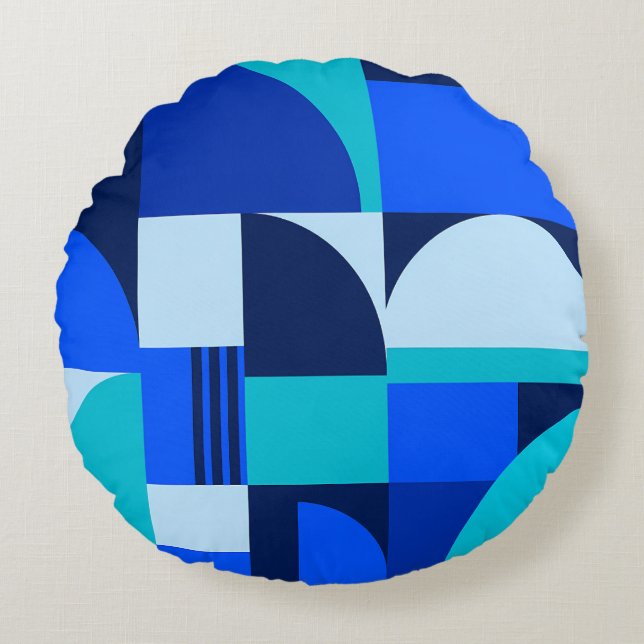Modern Abstract Blauw Geometrisch Vormpatroon Rond Kussen (Voorkant)