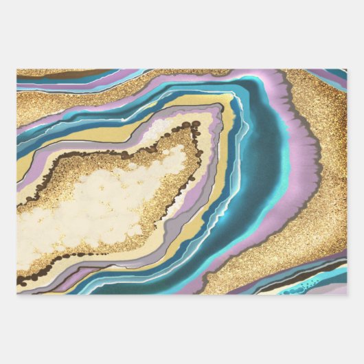 Modern Abstract Blauw Goud Geode Gemstone Inpakpapier Vel (Voorkant 3)