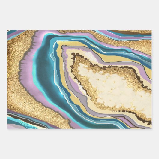 Modern Abstract Blauw Goud Geode Gemstone Inpakpapier Vel (Voorkant 2)