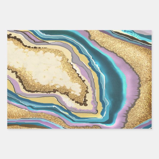 Modern Abstract Blauw Goud Geode Gemstone Inpakpapier Vel (Voorkant)