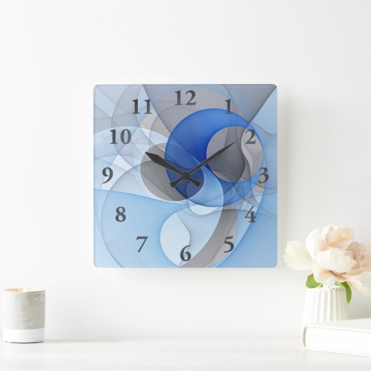 Modern Abstract Blauw Grijs Fractal Art Graphic Vierkante Klok (Huis)