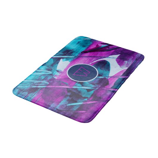 Modern Abstract blauw roze penseelstreken monogram Badmat (Gekanteld)