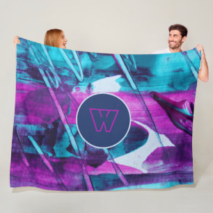 Modern Abstract blauw roze penseelstreken monogram Fleece Deken