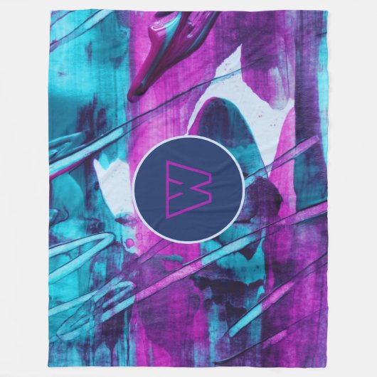 Modern Abstract blauw roze penseelstreken monogram Fleece Deken (Voorkant)