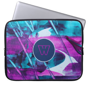 Modern Abstract blauw roze penseelstreken monogram Laptop Sleeve