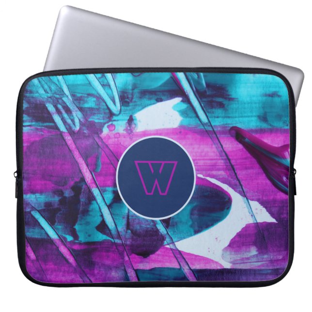 Modern Abstract blauw roze penseelstreken monogram Laptop Sleeve (Voorkant)