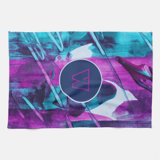 Modern Abstract blauw roze penseelstreken monogram Theedoek (Horizontaal)