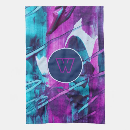 Modern Abstract blauw roze penseelstreken monogram Theedoek (Verticaal)