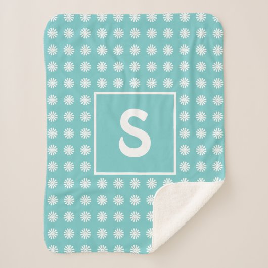 Modern Abstract Bloemendessin met Monogram Aqua Sherpa Deken (Voorkant)