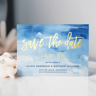 Modern Abstract Blue Ocean Beach Bewaar de datum Folie Uitnodiging