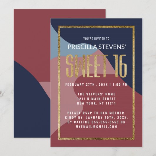 Modern Abstract Blue Pink Gold Geometric Sweet 16 Kaart (Voorkant / Achterkant)