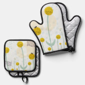 Modern Abstract Botanical Yellow Billy Button Ovenwant & Pannenlap Set (Voorkant / Achterkant)