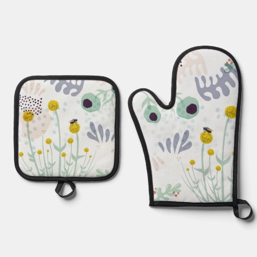 Modern Abstract Botanical Yellow Billy Button Ovenwant & Pannenlap Set (Voorkant)