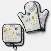 Modern Abstract Botanical Yellow Billy Button Ovenwant & Pannenlap Set (Voorkant / Achterkant)