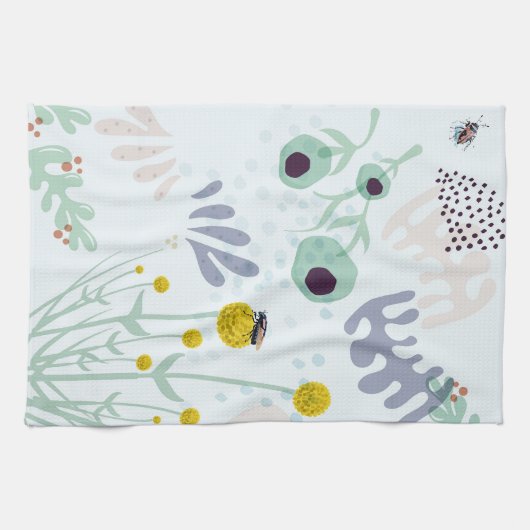 Modern Abstract Botanical Yellow Billy Button Theedoek (Horizontaal)