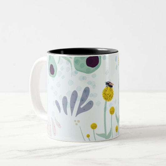Modern Abstract Botanical Yellow Billy Button Tweekleurige Koffiemok (Voorkant links)