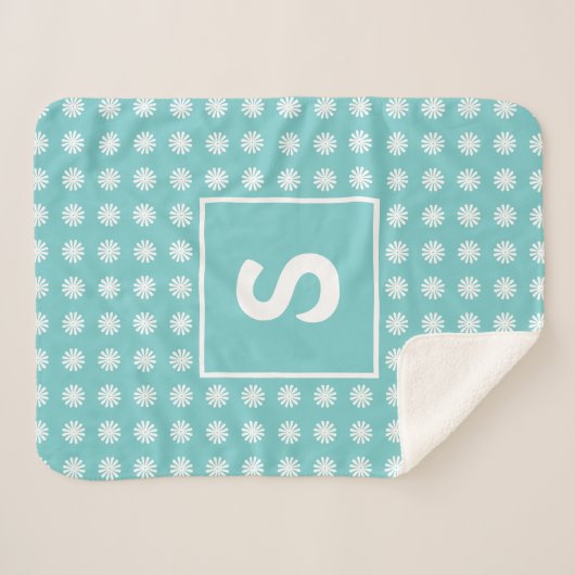 Modern Abstract Floral Pattern Monogrammed Aqua Sherpa Deken (Voorkant (horizontaal))