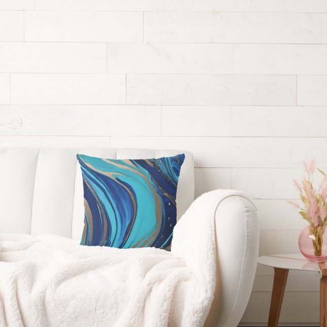 Modern Abstract-Flow Art-Blue en Gold- Kussen (Bank)
