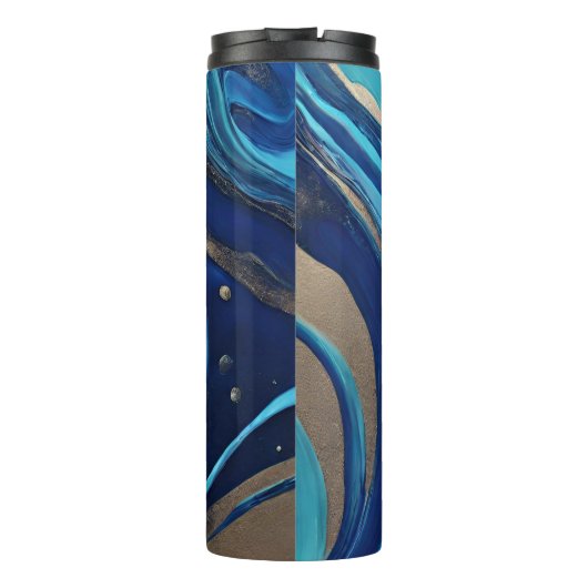 Modern Abstract-Flow Art-Blue en Gold- Thermosbeker (Achterkant)