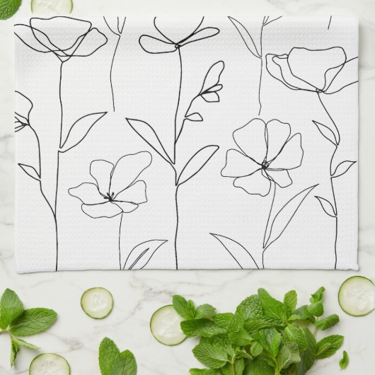 Modern Abstract Flower Zwart Wit Minimal Floral Theedoek (Gevouwen)