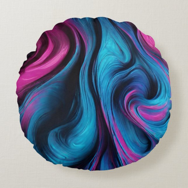 Modern Abstract-Fluid Art-Blue en Roze- Rond Kussen (Voorkant)